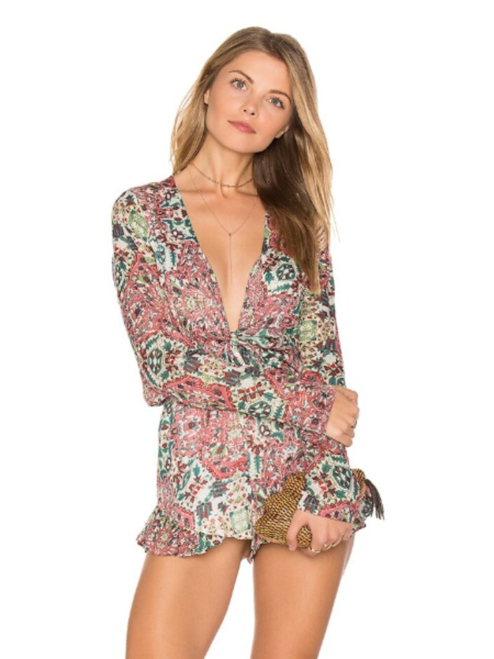 NWT Revolve x RAGA Sunset Floral Boho Paisley Plunge Rose Romper in Pink Green M